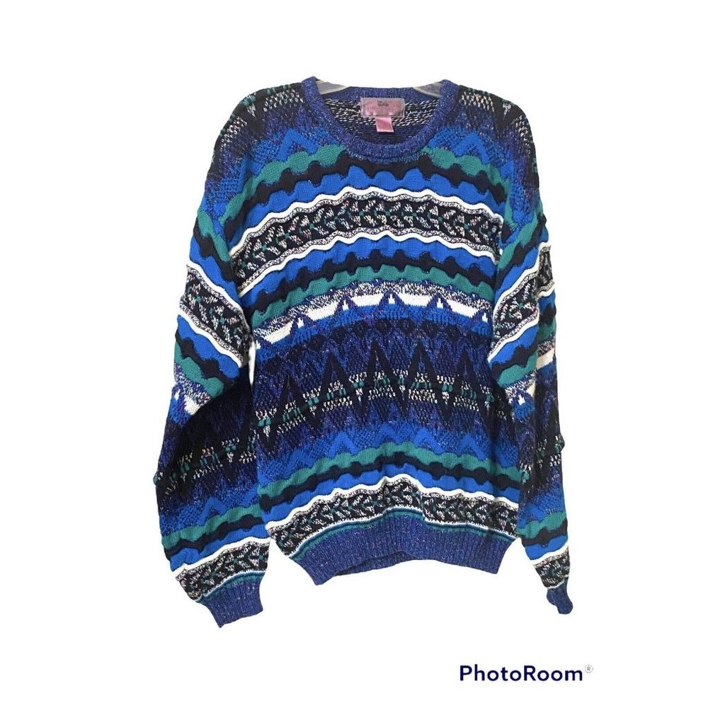 VTG 80s CONCRETE MIX Sweater Men's Large  Crew Neck Textured 3D Crazy Blue Green